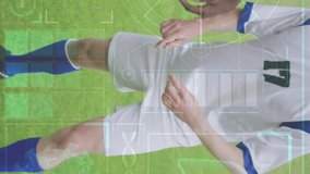 Animation of diagrams and science data processing over diverse male soccer players at stadium. Global sport, technology and digital interface concept digitally generated video. - Powered by Shutterstock - Get 15% off with code: PIKWIZARD15