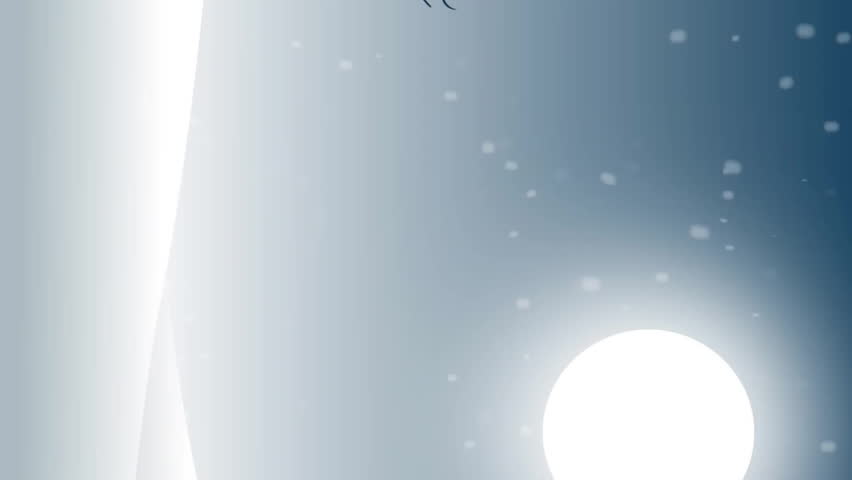 Santa sleigh and reindeer flying over snowy landscape animation with full moon. Christmas, holiday, winter, festive, night, moonlight