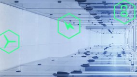 Animation of icons and lens flares with computer language over data server racks in server room. Digital composite, coding, programming language, data center, networking and technology concept. - Powered by Shutterstock - Get 15% off with code: PIKWIZARD15