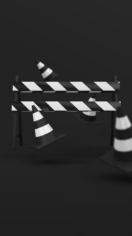 Floating white black Traffic cones and barrier on black background. Safety warning, under construction or coming soon symbol. Vertical video 3d render loop
