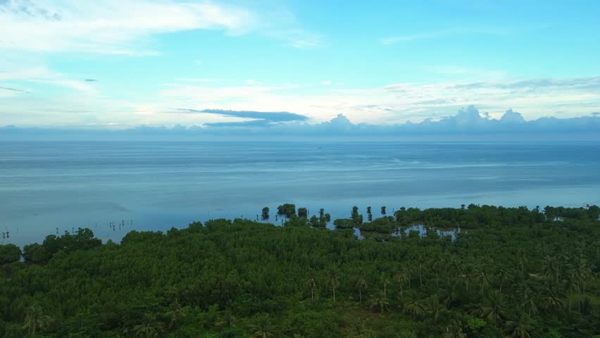 Drone glides toward flooded mangrove islands on Palawan, revealing calm cyan shallows merging with the vast Sulu Sea beneath a soft evening sky.
