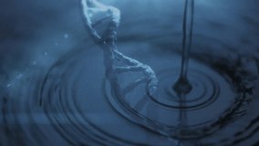 Droplet falling from slender pipette striking glowing DNA helix dissolving structure in dark liquid. Molecular, biotech, scientific, abstract, innovation, research, technology - Powered by Shutterstock - Get 15% off with code: PIKWIZARD15