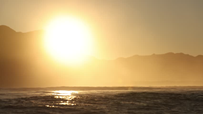 South African Ocean Horizon at Dusk with Fog and Sunlight | Warm Atmospheric Coastal Scene in Hermanus | Perfect for Documentaries, Luxury Travel Videos, Relaxation and Slow Cinematic Edits