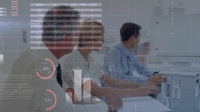 Business team tapping smartphone and reviewing animated global market trends above conference table. Corporate, analytics, innovation, collaboration, data visualization, modern, professional - Powered by Shutterstock - Get 15% off with code: PIKWIZARD15