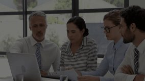 Senior executive opening laptop while team reviewing overlaid financial chart climbing dipping. Business, teamwork, collaboration, data analysis, modern, corporate, professional - Powered by Shutterstock - Get 15% off with code: PIKWIZARD15