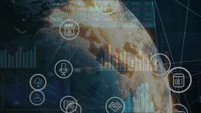 Earth emerging from left starting rotating globe revealing icons linking planet visualizing data. Digital, futuristic, technology, analytics, global, network, data - Powered by Shutterstock - Get 15% off with code: PIKWIZARD15