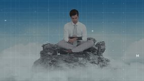 Businessman tapping tablet on cloud island analyzing formulas and visualizing global data exchange. Technology, innovation, communication, connectivity, analysis, digital, futuristic - Powered by Shutterstock - Get 15% off with code: PIKWIZARD15