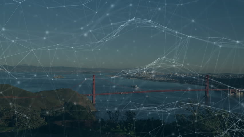 Woman in red coat raising phone activating technology overlay framing bridge skyline capturing view. Landscape, technology, urban, scenic, networking, travel, inspiration - Powered by Shutterstock - Get 15% off with code: PIKWIZARD15