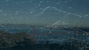 Woman in red coat raising phone activating technology overlay framing bridge skyline capturing view. Landscape, technology, urban, scenic, networking, travel, inspiration - Powered by Shutterstock - Get 15% off with code: PIKWIZARD15