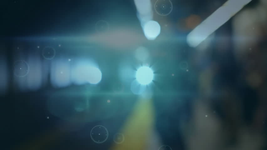 Central flares appearing in corridor are driving rotating HUD nodes tracing arcs suggesting network. Futuristic, technology, abstract, digital, sci-fi, geometric, cyber