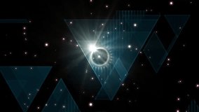 Glowing purple core pulsing and forming grid then sliding pink, cyan triangles framing GAME START. Futuristic, cyber, digital, holographic, neon, cosmic, sci-fi - Powered by Shutterstock - Get 15% off with code: PIKWIZARD15