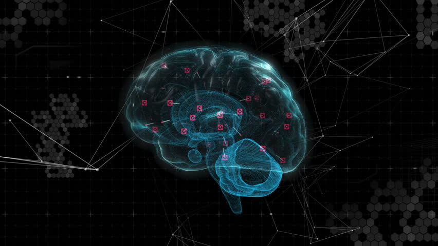 Brain hologram fading over grid rotating triangles and sweeping GAME OVER text urging insert coin. Futuristic, digital, neon, cybernetic, abstract, technological, immersive