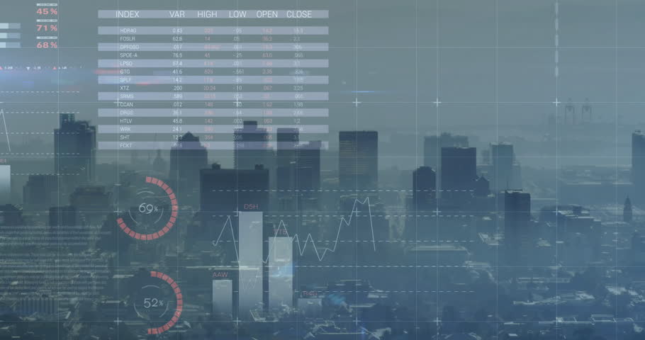 Opening hazy aerial view sending dashboard overlay fading in, showing charts tracking market trends. Analytics, dashboard, visualization, finance, business intelligence, data, digital
