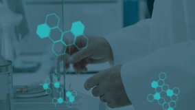 Lab scientist gripping test tube initiating hexagon overlay while inspecting liquid sample. Medical, scientific, technology, research, analytics, instrumentation, innovation - Powered by Shutterstock - Get 15% off with code: PIKWIZARD15