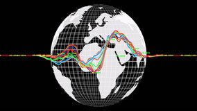 On opening, wireframe globe rotating with neon waveforms cresting, receding for showing data trends. Digital, futuristic, abstract, motion, tech, visualization, dynamic - Powered by Shutterstock - Get 15% off with code: PIKWIZARD15
