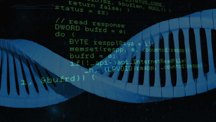 At start 3D blue DNA helix rotating, code shifting through defs for visualizing tech data aesthetic. Futuristic, digital, abstract, technological, virtual, computational, modern - Powered by Shutterstock - Get 15% off with code: PIKWIZARD15