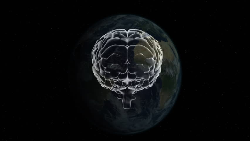 On star-field reveal, white brain rotating around axis, glowing golden region over Earth backdrop. Neuroscience, space, cosmos, technology, innovation, visualization, imagination - Powered by Shutterstock - Get 15% off with code: PIKWIZARD15