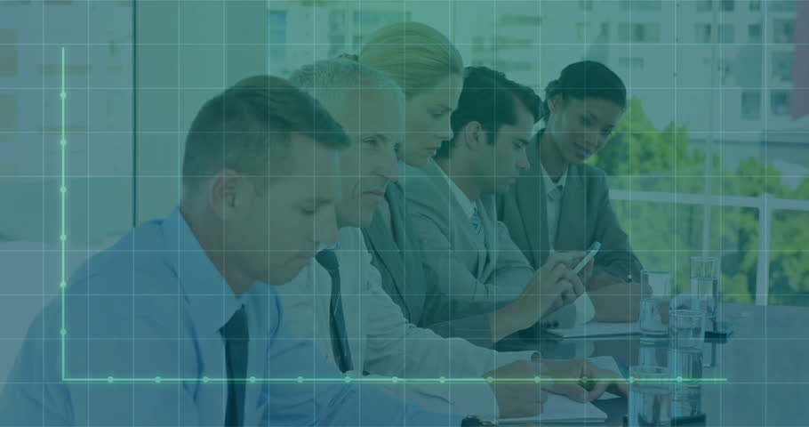 business team scrolling tablets as grid overlay appearing with line graph visualizing market trends. Collaboration, progress, analytics, technology, innovation, professionalism, teamwork