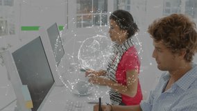 Digital globe appearing between designers sparking typing and drawing for data visualization. Collaboration, innovation, technology, data, teamwork, creative, modern - Powered by Shutterstock - Get 15% off with code: PIKWIZARD15