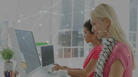 Colleagues typing at tech office desk, starting glowing network overlay connecting data. Professional, teamwork, digital, modern, collaborative, innovation, connectivity - Powered by Shutterstock - Get 15% off with code: PIKWIZARD15