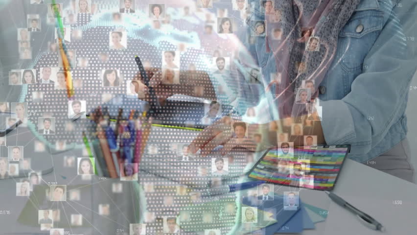 Woman tapping stylus sketching and animating portrait icons into globe for tech visualization. Digital art, creative workspace, graphic design, technological innovation, visual storytelling, modern