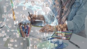 Woman tapping stylus sketching and animating portrait icons into globe for tech visualization. Digital art, creative workspace, graphic design, technological innovation, visual storytelling, modern - Powered by Shutterstock - Get 15% off with code: PIKWIZARD15