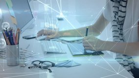 network overlay appearing as woman sketching on tablet clicking mouse typing then studying design. Creative professional, digital workspace, modern office, technology integration, ergonomic design, - Powered by Shutterstock - Get 15% off with code: PIKWIZARD15