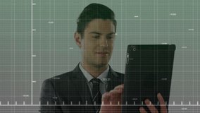 White businessman tapping tablet and reviewing trend on fluctuating green graph on numeric grid. Business, data, technology, analytics, digital, professional, interface - Powered by Shutterstock - Get 15% off with code: PIKWIZARD15