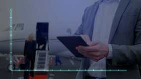 Man tapping tablet activating chart preparing flight as associate climbing red carpet stairs jet. Business, technology, analytics, corporate, aviation, finance, professional - Powered by Shutterstock - Get 15% off with code: PIKWIZARD15