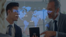 Business exec tapping tablet screen and updating animated world map overlay, highlighting metrics. Corporate, teamwork, digital, innovation, analytics, modernity, collaboration - Powered by Shutterstock - Get 15% off with code: PIKWIZARD15