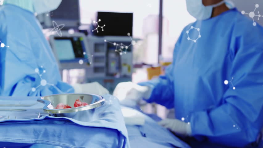 Surgeon grabbing forceps lifting specimen into kidney dish for biopsy with floating molecular data. Surgical, hospital, sterile, precision, medical, clinical, technology - Powered by Shutterstock - Get 15% off with code: PIKWIZARD15