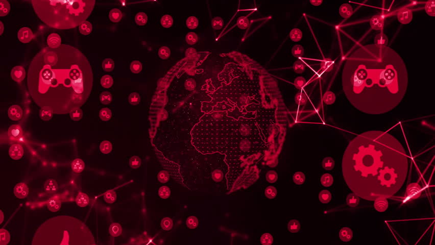 Dark red frame opening drawing white world outlines and pulsing hex clusters showing data flow. Digital, connectivity, technology, cybersecurity, data, network, abstraction - Powered by Shutterstock - Get 15% off with code: PIKWIZARD15
