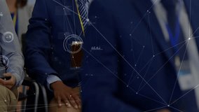 Business meeting attendee seeing speaker cue and raising hand to ask question amid network overlay. Professional, corporate, networking, modern, audience, engagement, communication - Powered by Shutterstock - Get 15% off with code: PIKWIZARD15