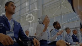 Network overlay fading on conference and highlighting attendee raising hand to ask data question. Collaboration, innovation, digital, analytics, brainstorming, professional, teamwork - Powered by Shutterstock - Get 15% off with code: PIKWIZARD15