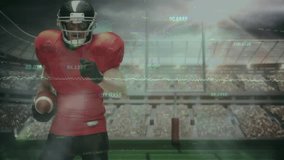 Red-jerseyed runner securing ball gaining yards as defender lunging tackling amid sports data. Athlete, competition, digital, motion, strategy, dynamics, sport - Powered by Shutterstock - Get 15% off with code: PIKWIZARD15