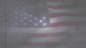 Opening with flag backdrop, hand raising red football helmet, charts rising and visualizing metrics. Patriotism, sports, analytics, data visualization, competition, performance, technology - Powered by Shutterstock - Get 15% off with code: PIKWIZARD15