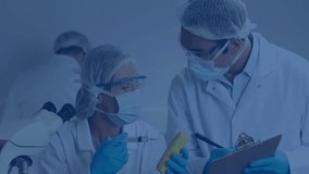 Examining sample, woman using microscope and male recording tube readings showing lab data panels. Scientists, research, technology, innovation, analysis, laboratory, scientific - Powered by Shutterstock - Get 15% off with code: PIKWIZARD15