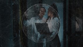 Network engineer pointing cables and IT tech tapping laptop, sparking 3D data visualization. Technology, cybersecurity, innovation, data, digital, connectivity, futuristic - Powered by Shutterstock - Get 15% off with code: PIKWIZARD15