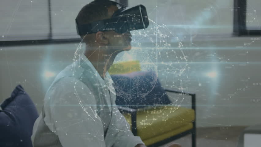 Tech professional wearing VR headset lifting finger, swiping data globe and deleting files. Futuristic, immersive, digital, innovation, high-tech, sleek, workspace