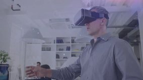 Middle-aged man wearing VR headset raising arm, forming holographic network for technology insights. Futuristic, immersive, collaboration, innovation, digital, interface, technology - Powered by Shutterstock - Get 15% off with code: PIKWIZARD15