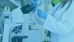 Female scientist adjusting microscope eyepiece and initiating world map showing global data in lab. Research, innovation, precision, technology, analytics, global, scientific - Powered by Shutterstock - Get 15% off with code: PIKWIZARD15