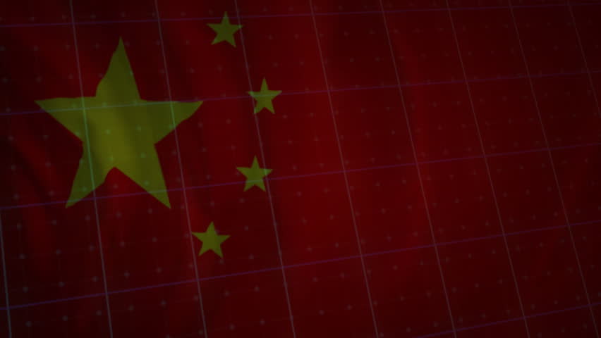 Upon start red gradient with China flag, green graph emerging, oscillating, showing market trends. Data visualization, analytics, corporate, modern, digital, investment, financial