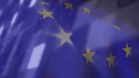 EU flag waving triggers data fading with bars pulsing and line rising to visualize market trends. Financial, analytics, technology, digital, corporate, modern, data-driven - Powered by Shutterstock - Get 15% off with code: PIKWIZARD15