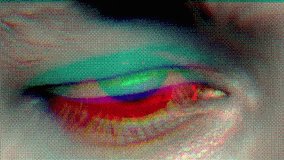 Looped animation of a human eye blinking with visible RGB shift, pixel dithering, and halftone effect. Digital retro aesthetics, stylized as distorted screen or glitch footage. - Powered by Shutterstock - Get 15% off with code: PIKWIZARD15