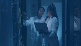 Technicians touching cables and typing on laptop, launching UI overlays showing server metrics. Technology, data, cybersecurity, interface, network, collaboration, innovation - Powered by Shutterstock - Get 15% off with code: PIKWIZARD15