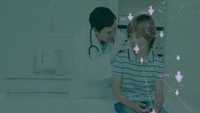 Doctor picking otoscope and scanning patient ear for diagnosis with animated arrows and percentages. Medical, healthcare, diagnosis, pediatric, technology, clinical, examination - Powered by Shutterstock - Get 15% off with code: PIKWIZARD15