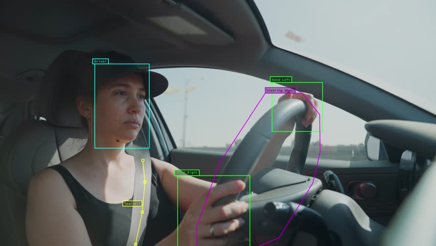Woman driving in sedan car with artificial intelligence scanning or reading activity. AI recognition of human operating vehicle. Machine learning algorithm gathering driving data info on highway road