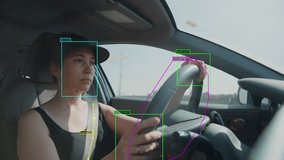 Woman driving in sedan car with artificial intelligence scanning or reading activity. AI recognition of human operating vehicle. Machine learning algorithm gathering driving data info on highway road - Powered by Shutterstock - Get 15% off with code: PIKWIZARD15