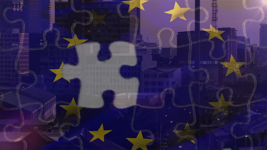 Showing twilight skyline fading EU puzzle missing piece until hand fitting piece restoring unity. Patience, unity, cooperation, symbolism, progress, patriotism, resilience