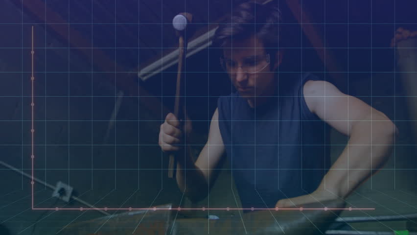 Sound technician striking metal bars in studio, generating animated chart with pink markers. Audio analysis, data visualization, rhythmic, industrial, monochrome, energetic, creative